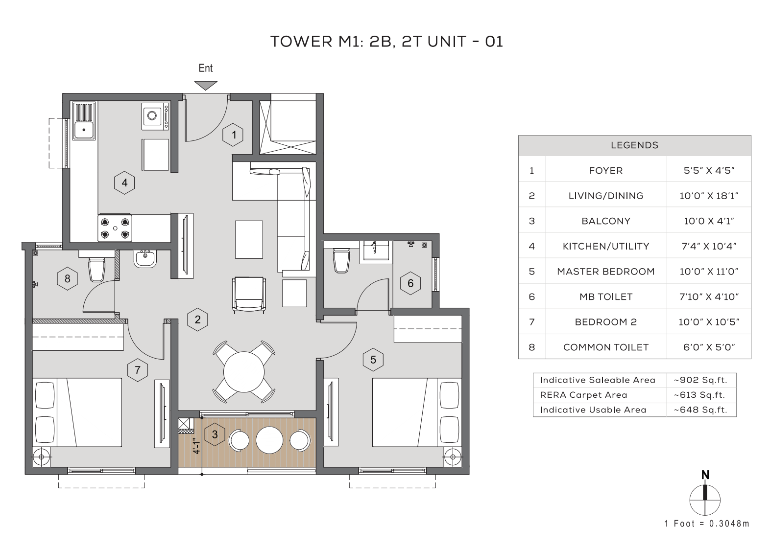 Puravankara Lakevista - Tower M1 : 2B 2T, Unit 01